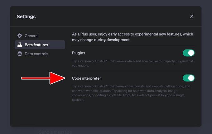 Step #1: Enable Code Interpreter To access the Code Interpreter, navigate to the Settings menu in ChatGPT and select Beta Features. Look for the Code Interpreter option, which will be available to all ChatGPT Plus users within the week.