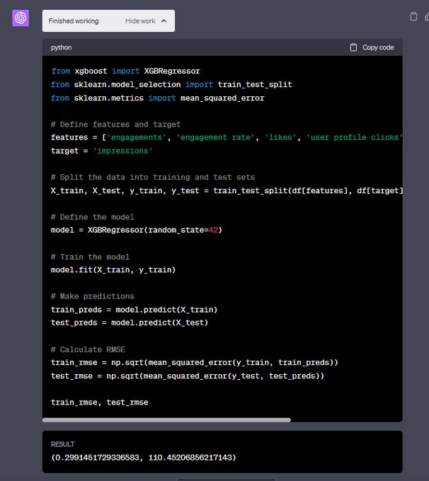 The process began by training an XGBoost model on the tweet performance dataset, utilizing features such as likes, profile clicks, and retweets.