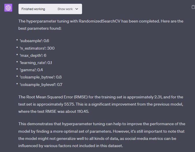 With a simple request, "tune the XGBoost hyperparameters to make the model more accurate using Randomized search," Code Interpreter took on the task of optimizing the model.