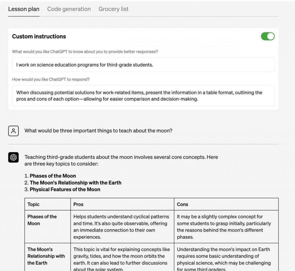 Example of prompting for a lesson plan