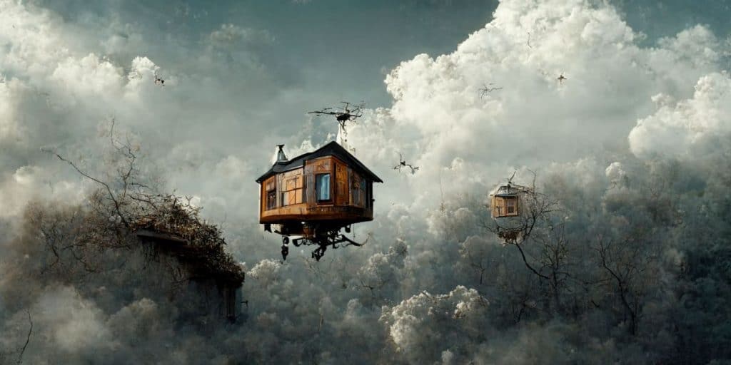 photorealistic flying house, many details, Ultra detailed