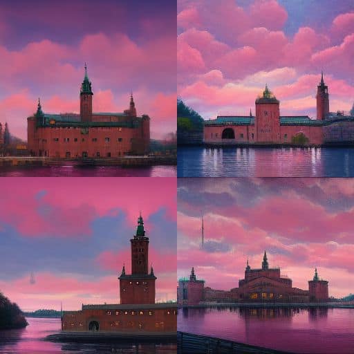 Stockholm city hall, but built in the medeival style, Photorealism, extreme detail, dusk, pink skies, aspect ratio = 6:4