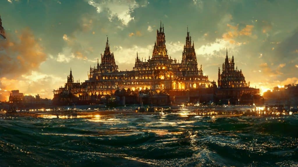 hungarian parliament underwater-beach, palm trees behind