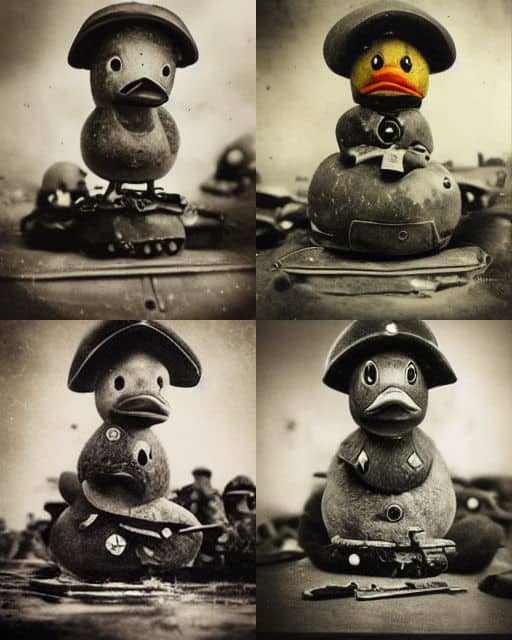 secret vintage photo of rubber duck commitng war crimes in World war 2, why is he did that. --ar 4:5