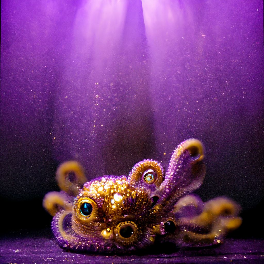 imagine caribean dream: purple beautiful octopus swiming inside a golden small aquarium surrounded by tiny microphones: surreal