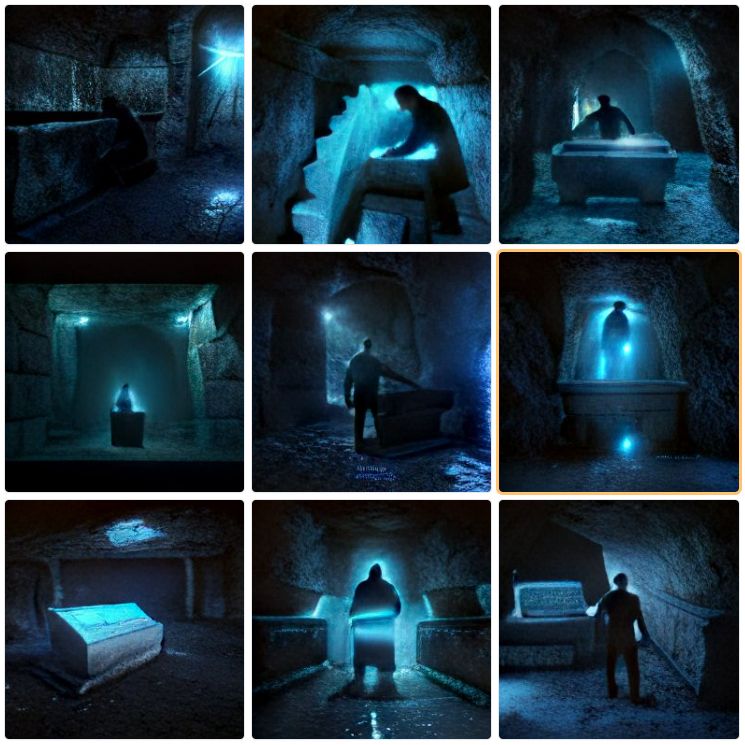 a man opening a stone sarcophagus, ancient tomb, underground, blue glowing lights, three decrepit thrones, ambient lighting, 8k, highly detailed, dark fantasy, dark mood, cinematic