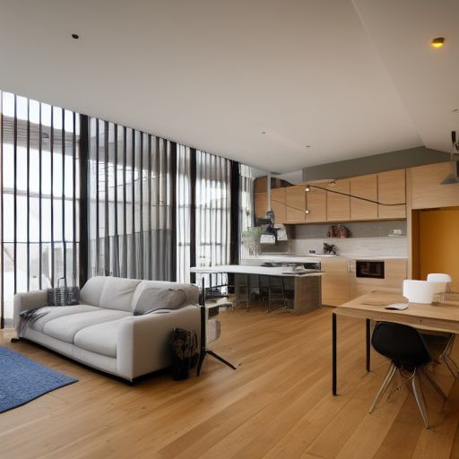 interior design, open plan, kitchen and living room, modular furniture with cotton textiles, wooden floor, high ceiling, large steel windows viewing a city