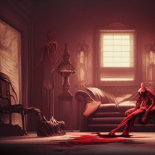 dark and terrifying horror house living room interior overview design, demon with red eyes is standing in the corner Moebius, Greg Rutkowski, Zabrocki, Karlkka, Jayison Devadas, Phuoc Quan, trending on Artstation, 8K, ultra wide angle, pincushion lens effect.