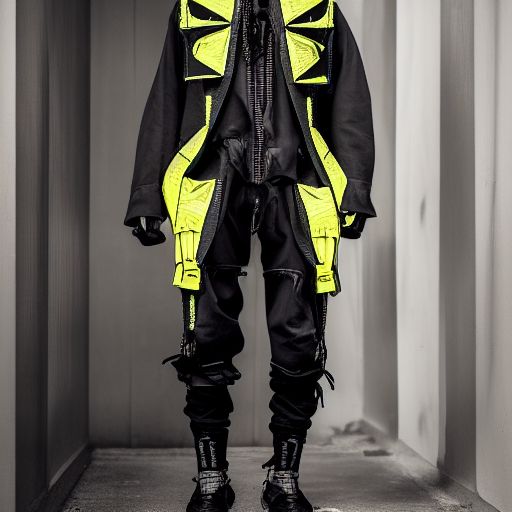 cyberpunk techwear streetwear look and clothes, we can see them from feet to head, highly detailed and intricate, golden ratio, beautiful bright colors, hypermaximalist, futuristic, cyberpunk setting, luxury, elite, cinematic, techwear fashion, Errolson Hugh, Sacai, Nike ACG, Yohji Yamamoto, Y3, ACRNYM, matte painting --w 2176 --h 3840 --iw 1