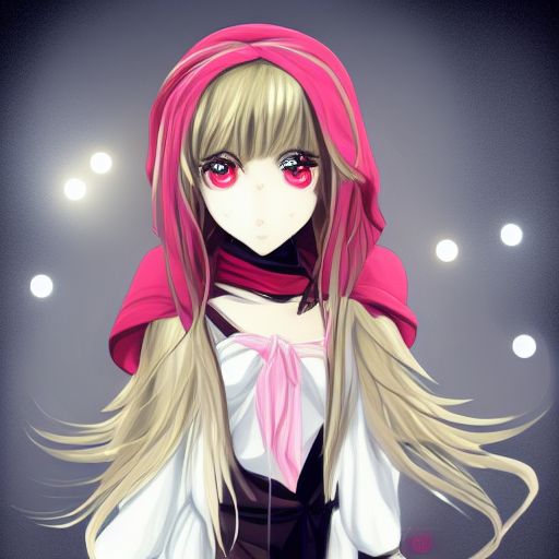 anime girl, long light gold hair, splendid white designer fashion show concept dress, red cosplay headwear, black scarf, body portrait, red eyes, pink ribbons, slight smile, black constellation motif, windy, concept art, mini tornado stickers, black fishnet wear, highly detailed, digital painting, artstation, concept art, sharp focus, illustration, art by WLOP and greg rutkowski and alphonse mucha and artgerm and yanjun chen