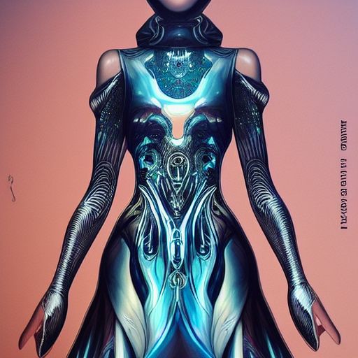 a beautiful arabian woman wearing a futuristic dress by alexander mcqueen, artgerm, alex gray, android jones, fashion show, futuristic, organic dress, seamless pattern, concept art, fantasy