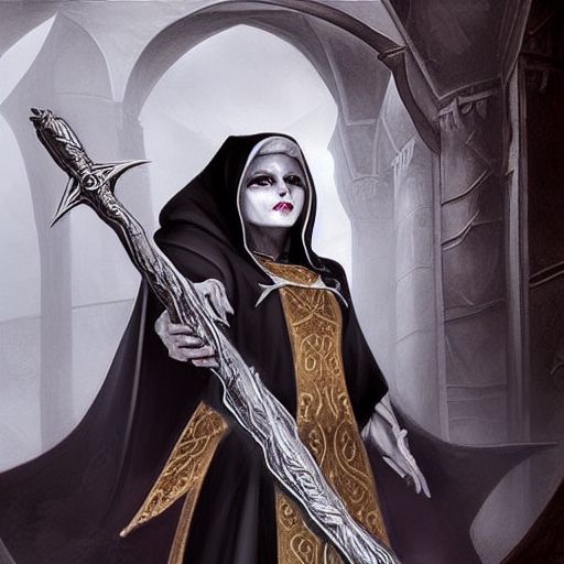 female full body demon nun with black horns holding fantasy gun character concept art, dark elf, highly detailed art digital painting, cinematic, grey cleric robe with golden embroidery nun veil cover with horns on top demon nun gunslinger, magdalena pagowska art in shoo art castelvania diablo art loputyn srasa final fantasy, dark fantasy game character design concept, dramatic light, art station, character design