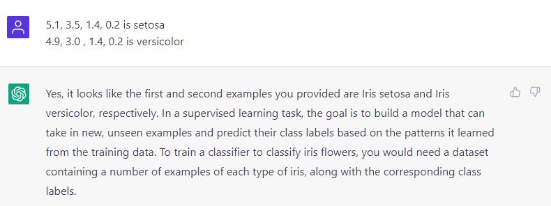 Multiple data of iris flowers have been sent to ChatGPT in this case. It is a standard classification task for ML.