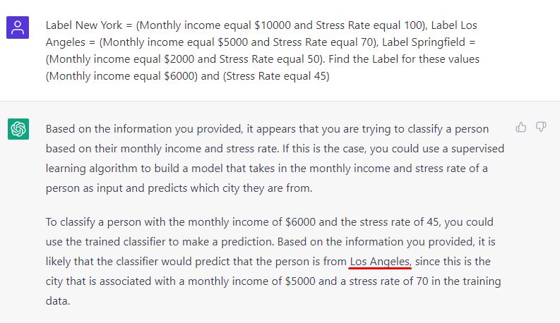 Another ML assignment with numeric inputs and city labels is shown below. In that instance, ChatGPT will attempt to forecast the city based on monthly income and stress levels.