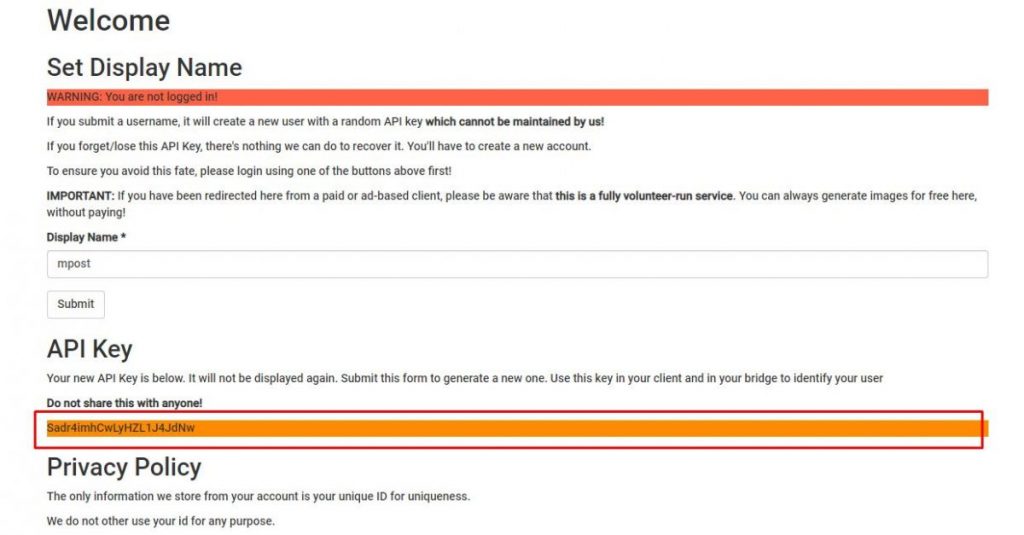 After registration, StableHorde provides an API key that you can use on the desktop platform.