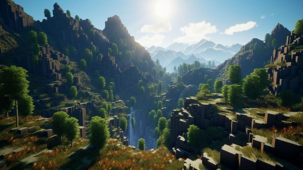 Screenshot of Minecraft by Terragen, forest, deep blue sky, polarizing filter, RTX, ultra detailed, 8k --ar 16:9 --q 2 --v 5 --s 750