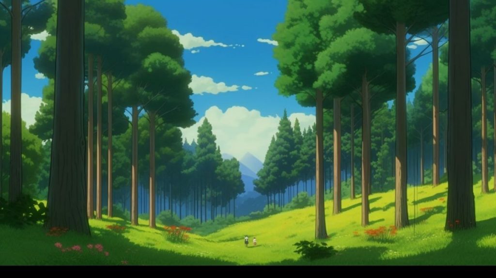A peaceful and tranquil pine forest, covered in lush greenery. Lush forests, Realistic landscapes, Expansive landscapes, Deep blue skies, Vibrant colors, Studio Ghibli, Akira Toriyama,8k, --ar 16:9 --v 5