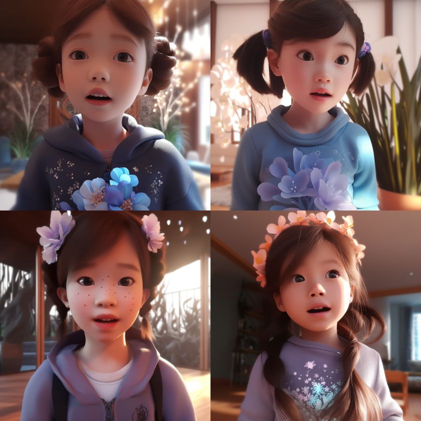 Disney girl, low saturation, pixar super details, clay, anime waifu, looking at viewer, ninhly detailledreflections transparent iridescent colors, ionctransparent iridescent brown hair, flowers background ,divine cinematic edgelighting, soft focus, chiaroscuro 8k, best quality, ultra detail,3d,04d --q 2 --v 5 --v 5