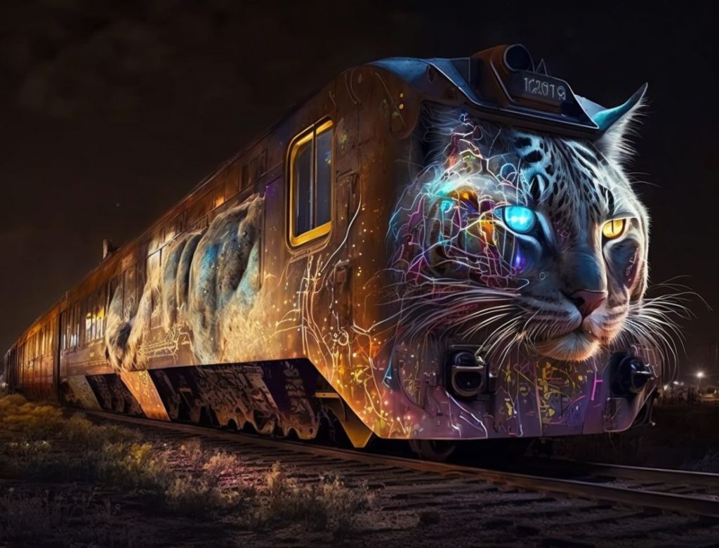 graffiti cat spray painting on a train at night highly detailed, cinematic lighting, ultra-detailed, ultrarealistic, photorealism, 8k, octane render, --ar 16:12