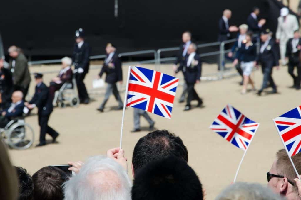 Image of British flags at WWII veteran parade